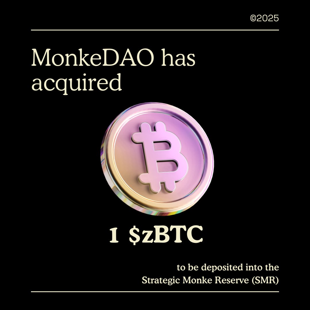 MonkeDAO is proud to announce that we are the first DAO to adopt a Bitcoin Reserve in our treasury with $zBTC

The SMR is our commitment to long term growth and the addition of $zBTC diversifies &amp; strengthens our current pool of native assets

Return to Permissionless Bitcoin