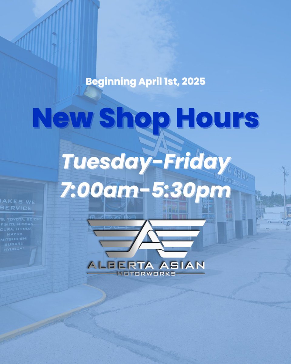 Attention Valued Customers:
We would like to inform you that starting Tuesday, April 1st, our shop hours will change to the following:
Tuesday - Friday: 7:00 AM - 5:30 PM

Please note, we will not be open on Monday March 31st, as our new hours come into effect next week.