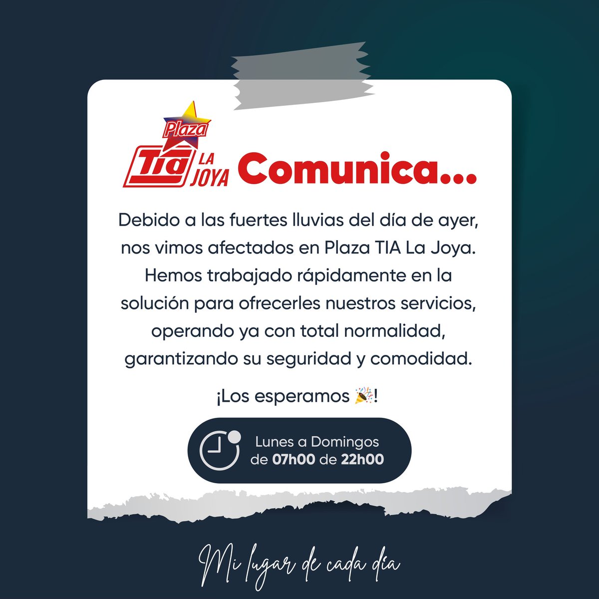📢 ¡Atención, comunidad! En Plaza TIA La Joya, seguimos atendiéndote con total normalidad. 😊✨ 

Ven y disfruta de todos nuestros servicios en tu plaza de siempre. ¡Te esperamos! 🛍️🎉 #PlazaTIALaJoya #SiempreContigo