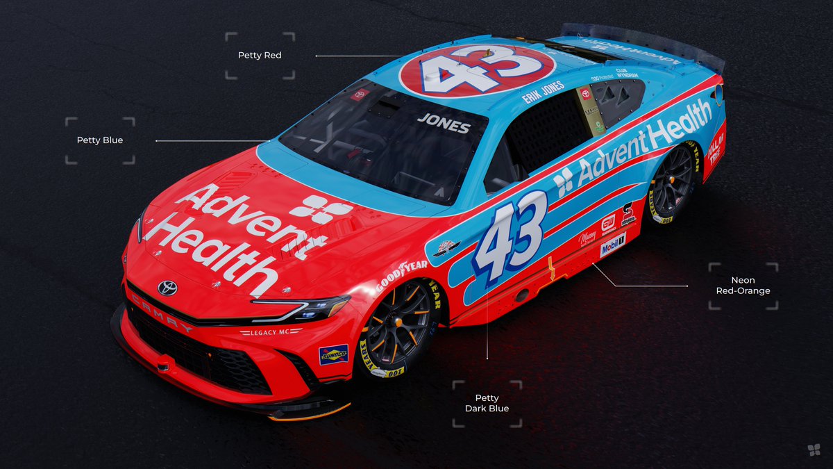 brendandroppo's tweet photo. 🔴🔵 Ready to glow with this '98 John Andretti throwback paint scheme for @AdventHealth, @LEGACYMotorClub and @Erik_Jones at @TooToughToTame. #CheckIt4Andretti https://t.co/TA9iaVs8zs