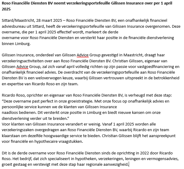 Roso Financiële Diensten BV neemt verzekeringsportefeuille Gilissen Insurance over per 1 april 2025 #overname
