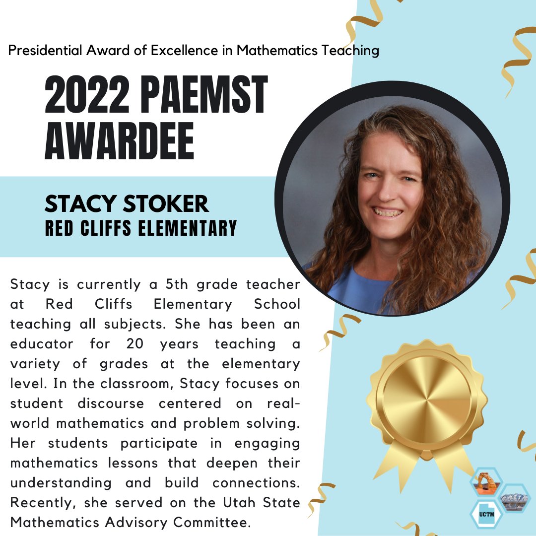 UCTM_math's tweet image. 🏆✨ We are proud to announce that Stacy Stoker from Red Cliffs Elementary has been recognized as a 2022 PAEMST Awardee! 🎉

#PAEMST #MathExcellence #UCTM #TeachingRecognition #InspiringEducators