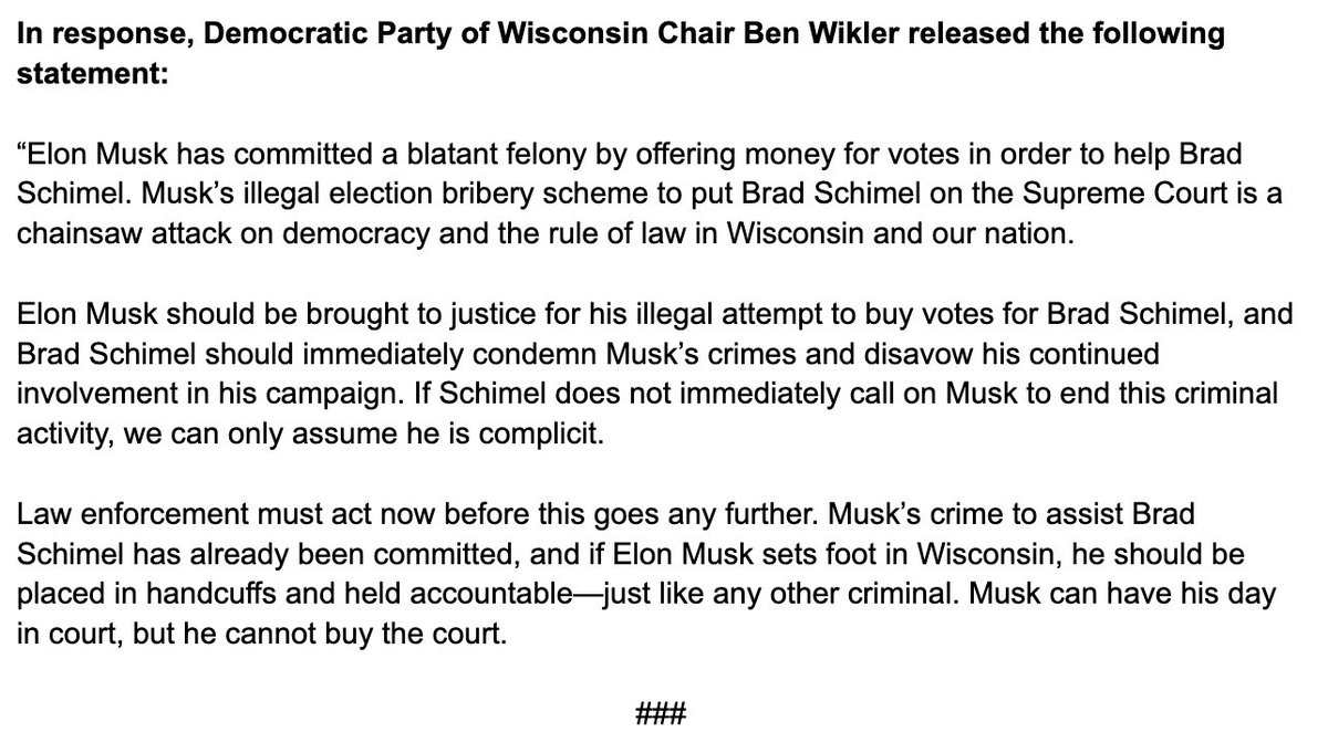 David Weigel (@daveweigel) on Twitter photo Wisconsin Dem chair <a href="/benwikler/">Ben Wikler</a> says Elon "committed a blatant felony" with his $1 million giveaway for next week's state supreme court race. Wisconsin Dem chair <a href="/benwikler/">Ben Wikler</a> says Elon "committed a blatant felony" with his $1 million giveaway for next week's state supreme court race.