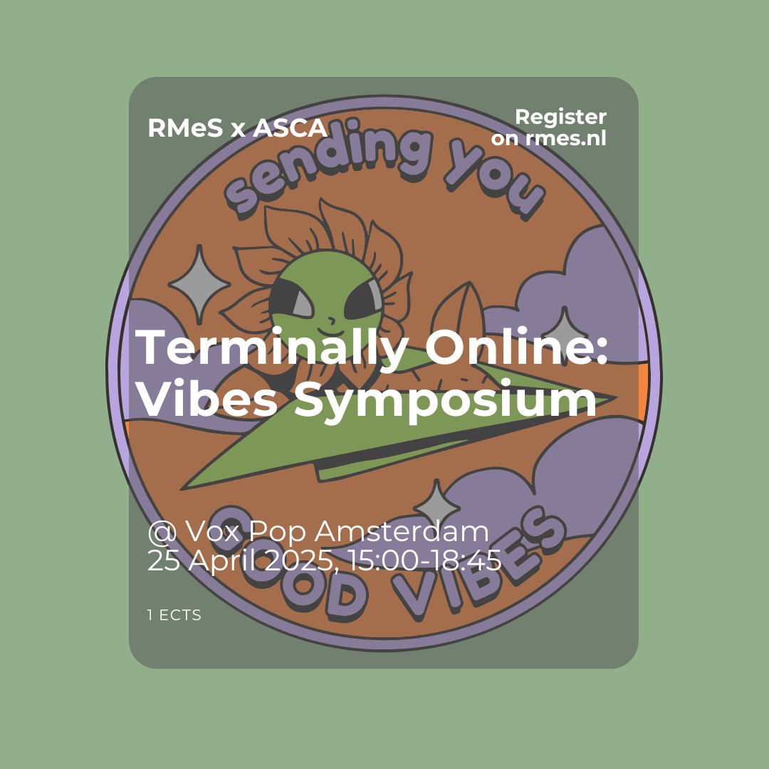 RMeSResearch's tweet image. Vibes are everywhere on social media; together with “moods” and “energies”, vibes offer a new way of navigating platforms based on personalized-yet-shared ‘aesthetic feelings’. This symposium discusses how we can research this new concept. Sign up now!