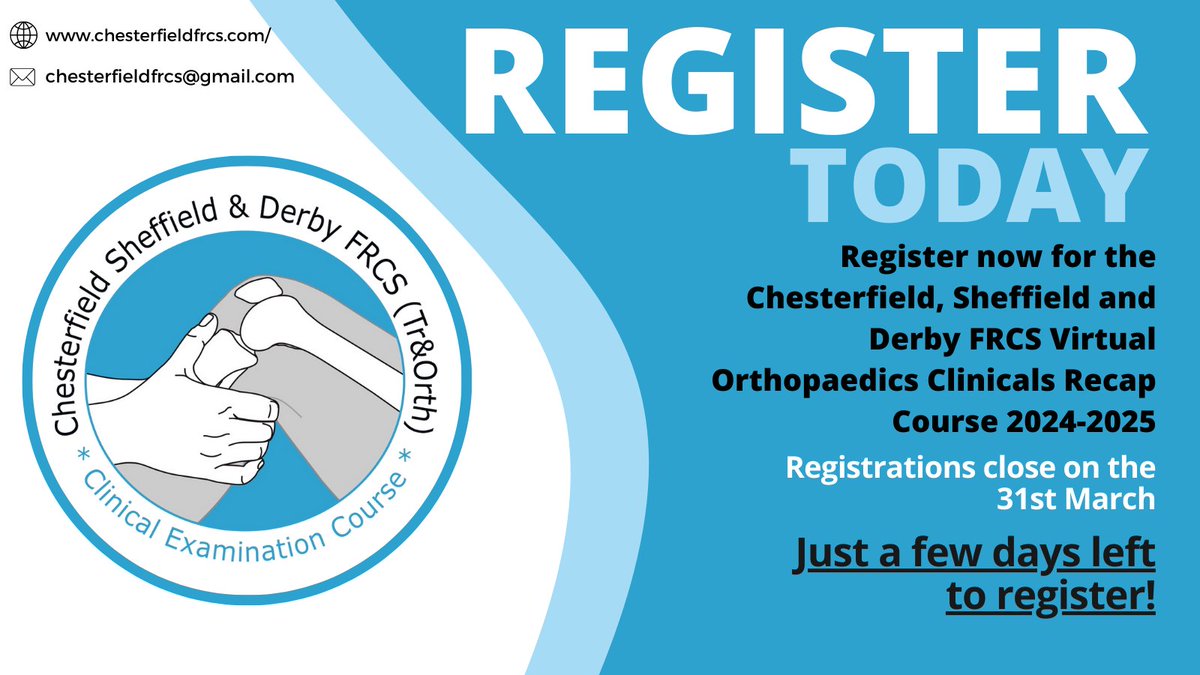 Chesterfield, Sheffield and Derby FRCS Virtual Orthopaedic Clinicals Recap Course 2024-2025 is OPEN until the 31st March! Register today to secure your place and avoid disappointment! emdevents.eventsair.com/csd-voc-recap-…
For more information visit chesterfieldfrcs.com #FRCS #orthopaedics