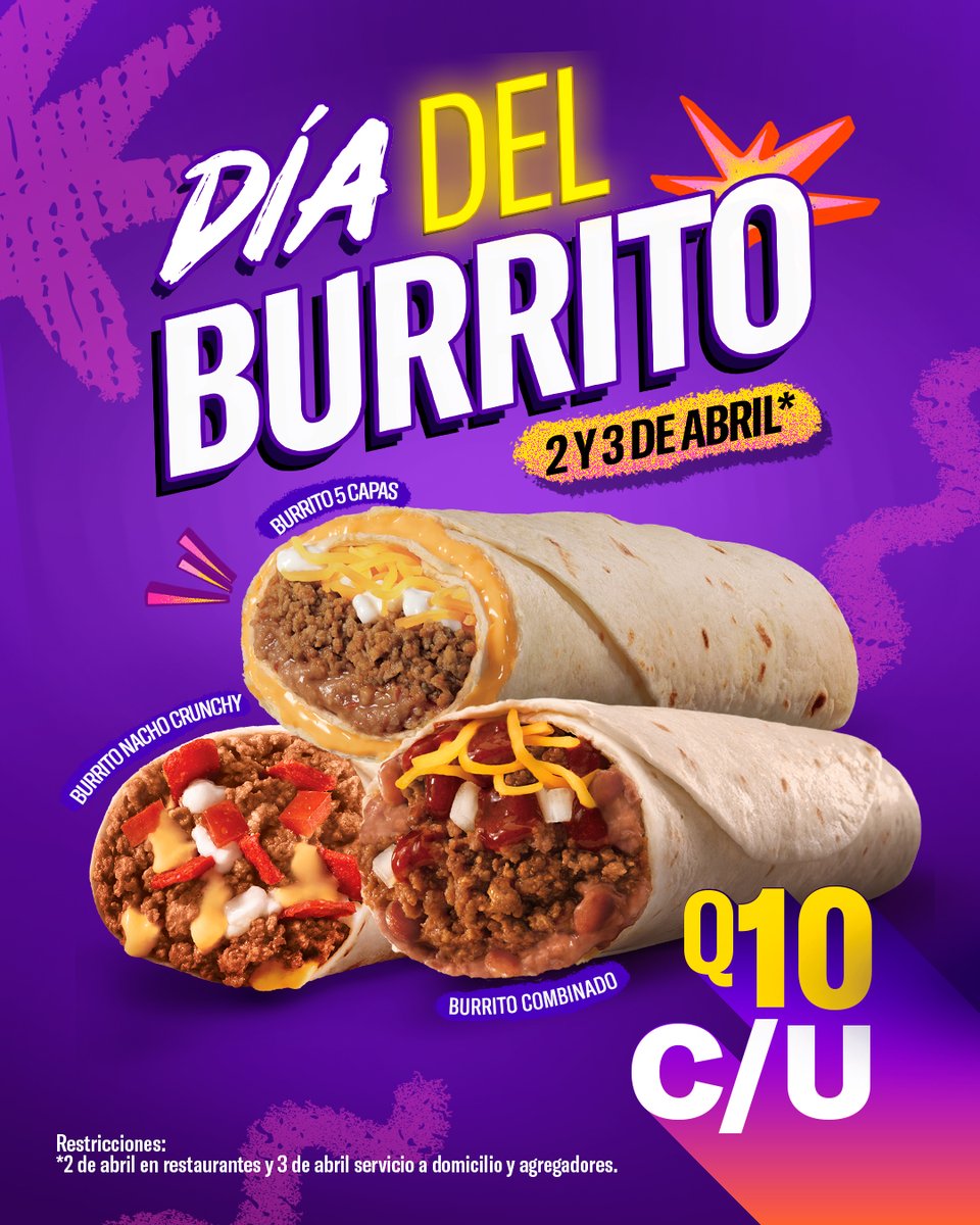 Todos pensamos lo mismo: ¿cuántos puedo comer sin que me juzguen?

¡Burritos a Q10! 🌯🔥

¡Nuestras Gift Cards ya están disponibles en todos nuestros restaurantes!

#DíaDelBurrito2025