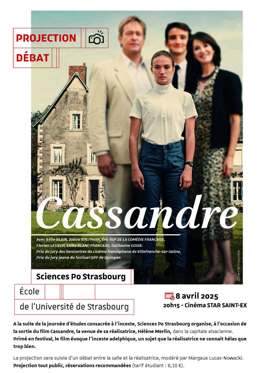 [Projection-débat] organisée par <a href="/ScPo_Strasbourg/">Sciences Po Strasbourg</a> avec #HélèneMerlin réalisatrice du film #Cassandre. Primé en festival, le film évoque l'inceste adelphique, un sujet que la réalisatrice ne connait hélas que trop bien. Cet événement fait suite à la #journée #études sur l'inceste.