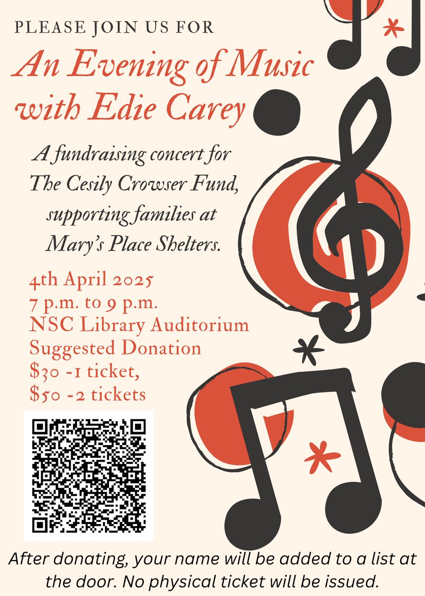 An Evening of Music with Edie Carey, April 4, 7-9 pm in the NSC Library  Auditorium. The concert is a fundraising event for the Cesily Crowser Fund, which supports families at Mary’s Place shelters. Suggested donation $30 for one ticket, $50 for two.