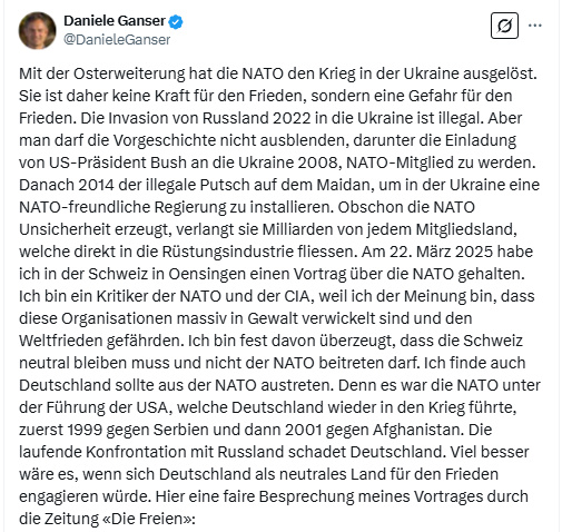 Dieses Posting von Danielle Ganser kann als Case Study dienen: Kritik an Russland ~5% / Kritik am Westen: Über 60%