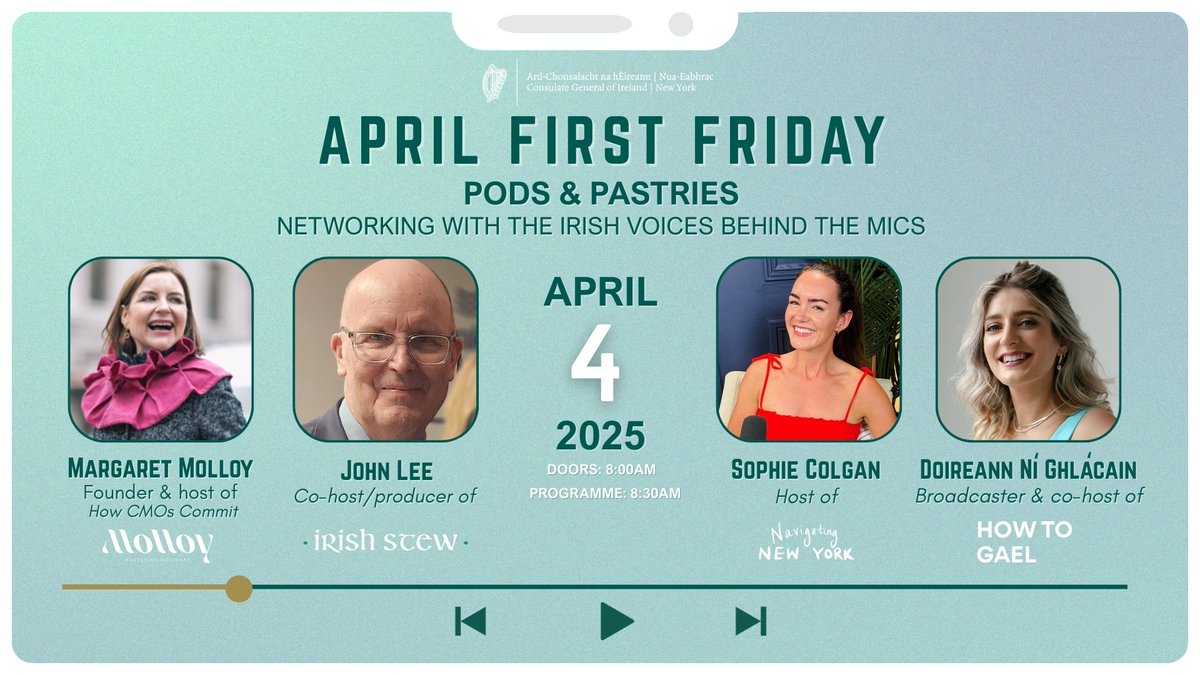 Irish Consulate NYC (@irelandinny) on Twitter photo Please join us for April's First Friday Networking Breakfast! đď¸
This month's theme is "Pods & Pastries: networking with the Irish voices behind the mic" where we are welcoming Doireann NĂ GhlĂĄcain of 'How to Gael', <a href="/colgan_sophie/">Sophie Colgan</a> of 'Navigating New York', John Lee of Please join us for April's First Friday Networking Breakfast! đď¸
This month's theme is "Pods & Pastries: networking with the Irish voices behind the mic" where we are welcoming Doireann NĂ GhlĂĄcain of 'How to Gael', <a href="/colgan_sophie/">Sophie Colgan</a> of 'Navigating New York', John Lee of