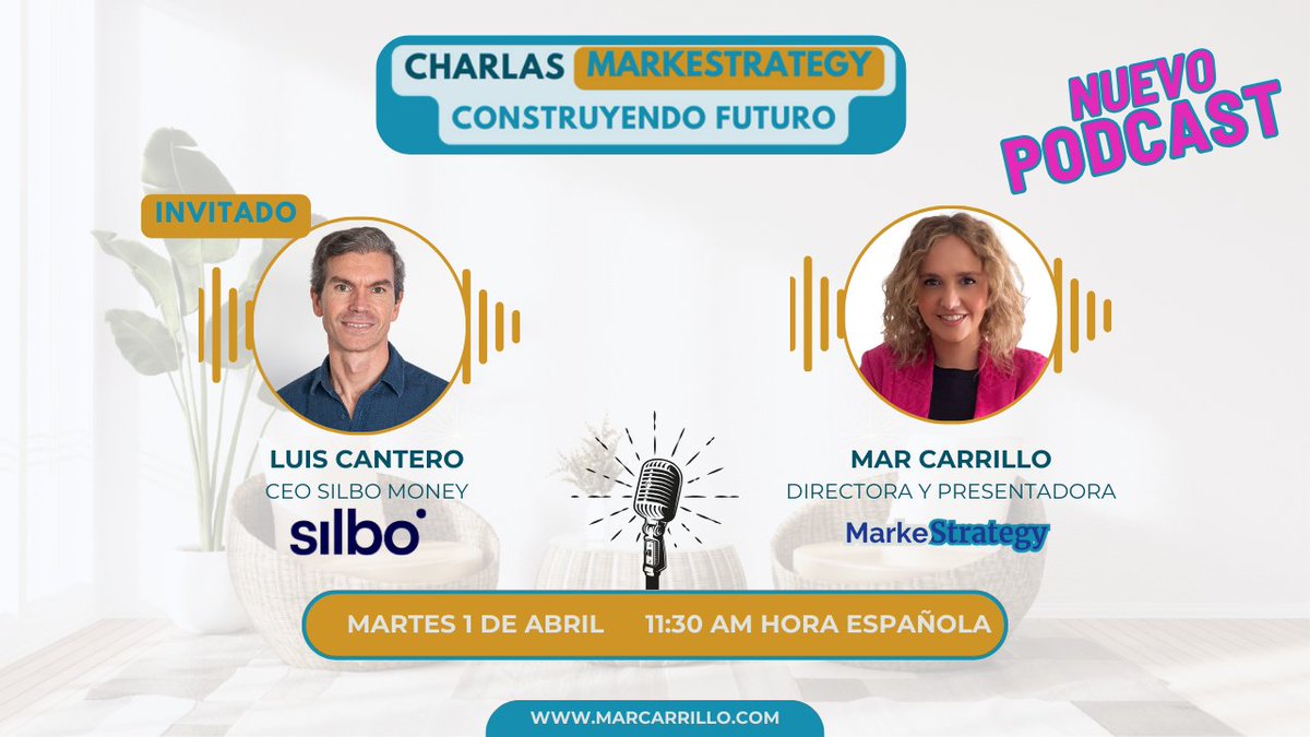Mar Carrillo (@mar__carrillo) on Twitter photo 🚨 ¡NUEVO PODCAST!
🔊 Estrenamos Charlas MarkeStrategy - Construyendo Futuro
🎙️ Episodio 1 con Luis Cantero, fundador de <a href="/SilboMoney/">Silbo Money</a>
💡 Hablamos de fintech, propósito social e innovación con impacto.
🗓️ Martes 1 de abril, 11:30h (España)
🔴 En directo por LinkedIn Live, Twitter 🚨 ¡NUEVO PODCAST!
🔊 Estrenamos Charlas MarkeStrategy - Construyendo Futuro
🎙️ Episodio 1 con Luis Cantero, fundador de <a href="/SilboMoney/">Silbo Money</a>
💡 Hablamos de fintech, propósito social e innovación con impacto.
🗓️ Martes 1 de abril, 11:30h (España)
🔴 En directo por LinkedIn Live, Twitter