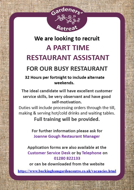 📷Our latest vacancy opportunities at the Garden Centre: Part-Time Restaurant Assistant and Full-Time Administrative Assistant. Full details are below with contact details for further information. #latestvacancy #restaurantassistant #administrativeassistant #vacancies