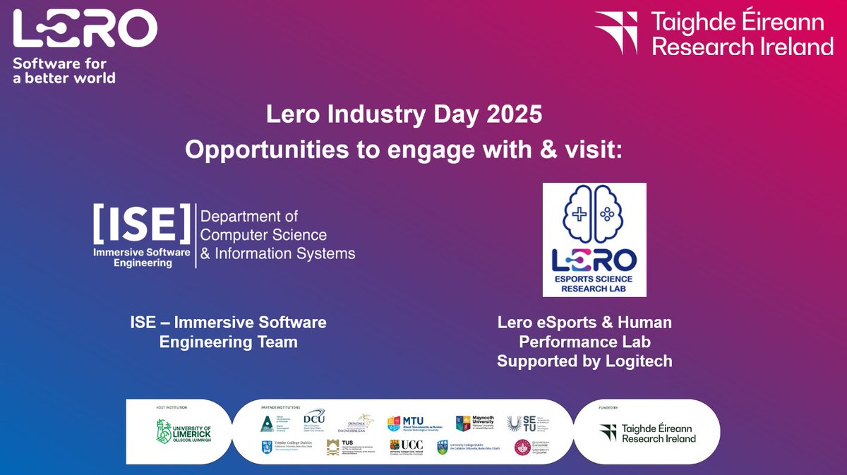 Lero (@lerocentre) on Twitter photo Exciting times ahead at #Lero Industry Day 2025!
We're thrilled to invite attendees to visit and explore the cutting-edge Lero <a href="/EsportsSRL/">Esports Science Research Lab</a> and meet the innovative minds behind the Immersive Software Engineering Team. 🔬
<a href="/Dr_MarkCampbell/">Mark Campbell</a> <a href="/UL/">University Of Limerick</a> <a href="/Researchirel/">Research Ireland</a> <a href="/LogitechG/">Logitech G</a> Exciting times ahead at #Lero Industry Day 2025!
We're thrilled to invite attendees to visit and explore the cutting-edge Lero <a href="/EsportsSRL/">Esports Science Research Lab</a> and meet the innovative minds behind the Immersive Software Engineering Team. 🔬
<a href="/Dr_MarkCampbell/">Mark Campbell</a> <a href="/UL/">University Of Limerick</a> <a href="/Researchirel/">Research Ireland</a> <a href="/LogitechG/">Logitech G</a>