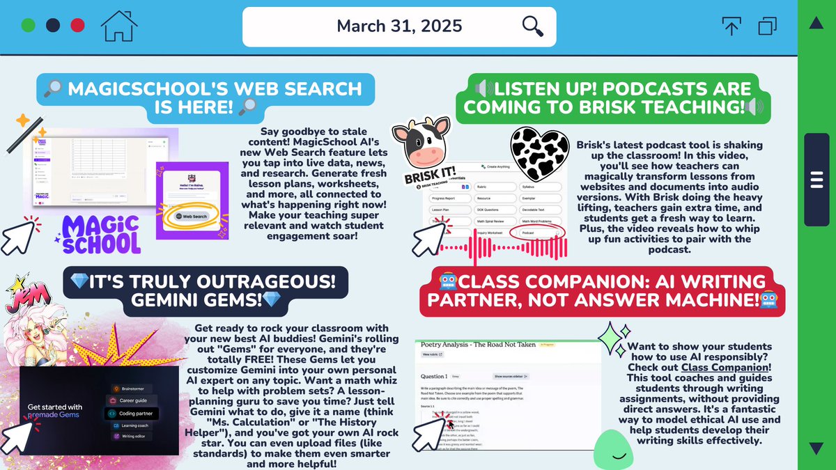 Megan Mongelli (@mongellimegan) on Twitter photo 👀Check out Megan's Megabytes: A Bit of Tech to Try!
🔗 teach.link/MegansMegabytes
🔎 <a href="/magicschoolai/">MagicSchool AI 💜 🪄✨</a> Web search is HERE!
🔊 Listen Up! Podcasts are coming to <a href="/briskteaching/">Brisk Teaching</a>!
💎 It's truly outrageous! @GeminiAppGems!
🤖 <a href="/ClassCompanion/">elite companion</a>: AI writing partner, not answer machine! 👀Check out Megan's Megabytes: A Bit of Tech to Try!
🔗 teach.link/MegansMegabytes
🔎 <a href="/magicschoolai/">MagicSchool AI 💜 🪄✨</a> Web search is HERE!
🔊 Listen Up! Podcasts are coming to <a href="/briskteaching/">Brisk Teaching</a>!
💎 It's truly outrageous! @GeminiAppGems!
🤖 <a href="/ClassCompanion/">elite companion</a>: AI writing partner, not answer machine!