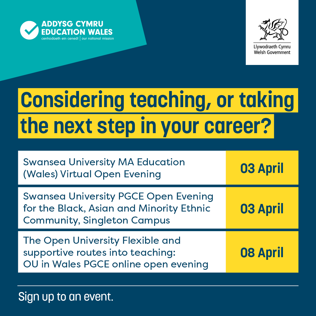 Teaching Wales (@teachingwales) on Twitter photo It’s nearly April, which means new dates for the diary! 📅
Thinking about where to study, need help with your PGCE application, or want to further your career?
Head to linktr.ee/teachingwales and sign up to an event today.
#TeachingWales
@wg_education <a href="/SwanseaUni/">Swansea University</a> <a href="/OUCymru/">The OU in Wales</a> It’s nearly April, which means new dates for the diary! 📅
Thinking about where to study, need help with your PGCE application, or want to further your career?
Head to linktr.ee/teachingwales and sign up to an event today.
#TeachingWales
@wg_education <a href="/SwanseaUni/">Swansea University</a> <a href="/OUCymru/">The OU in Wales</a>