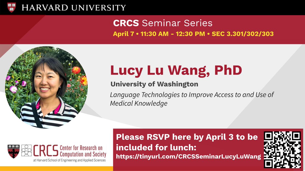 HCRCS's tweet image. How can language models bridge gaps in science communication? Join us on Monday, 4/7 at 11:30 to hear from Lucy Lu Wang.

&quot;Language Technologies to Improve Access to and Use of Medical Knowledge&quot;
 📍 SEC 3.301/302/303
 🍽️ RSVP by April 3 for lunch: tinyurl.com/CRCSSeminarLuc…