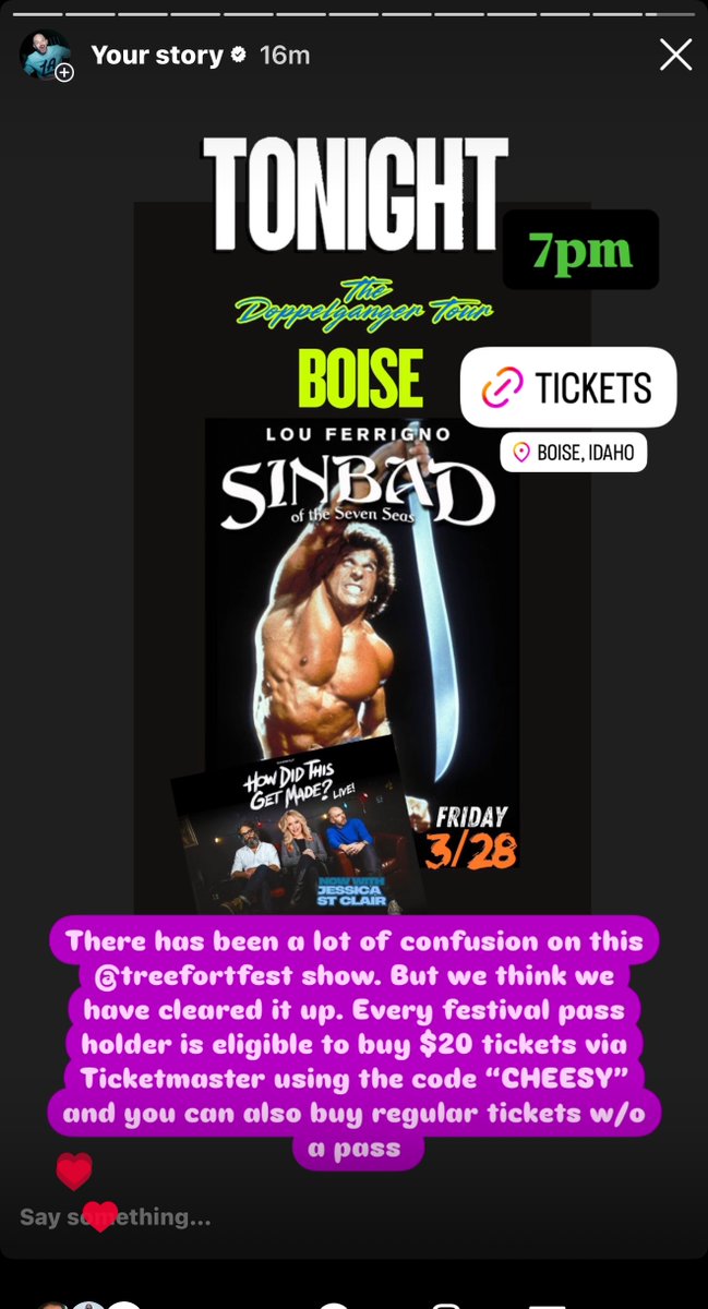 HowDidThisGetMade? (@hdtgm) on Twitter photo Coming to our show tonight <a href="/treefortfest/">Treefort Music Fest</a>? We have some clarity on ticketing.
If you have a festival pass, you can buy a $20 ticket to HDTGM with promo code "CHEESY". Otherwise, you can buy a ticket just for our show. We can't wait to tackle Sinbad! Coming to our show tonight <a href="/treefortfest/">Treefort Music Fest</a>? We have some clarity on ticketing.
If you have a festival pass, you can buy a $20 ticket to HDTGM with promo code "CHEESY". Otherwise, you can buy a ticket just for our show. We can't wait to tackle Sinbad!