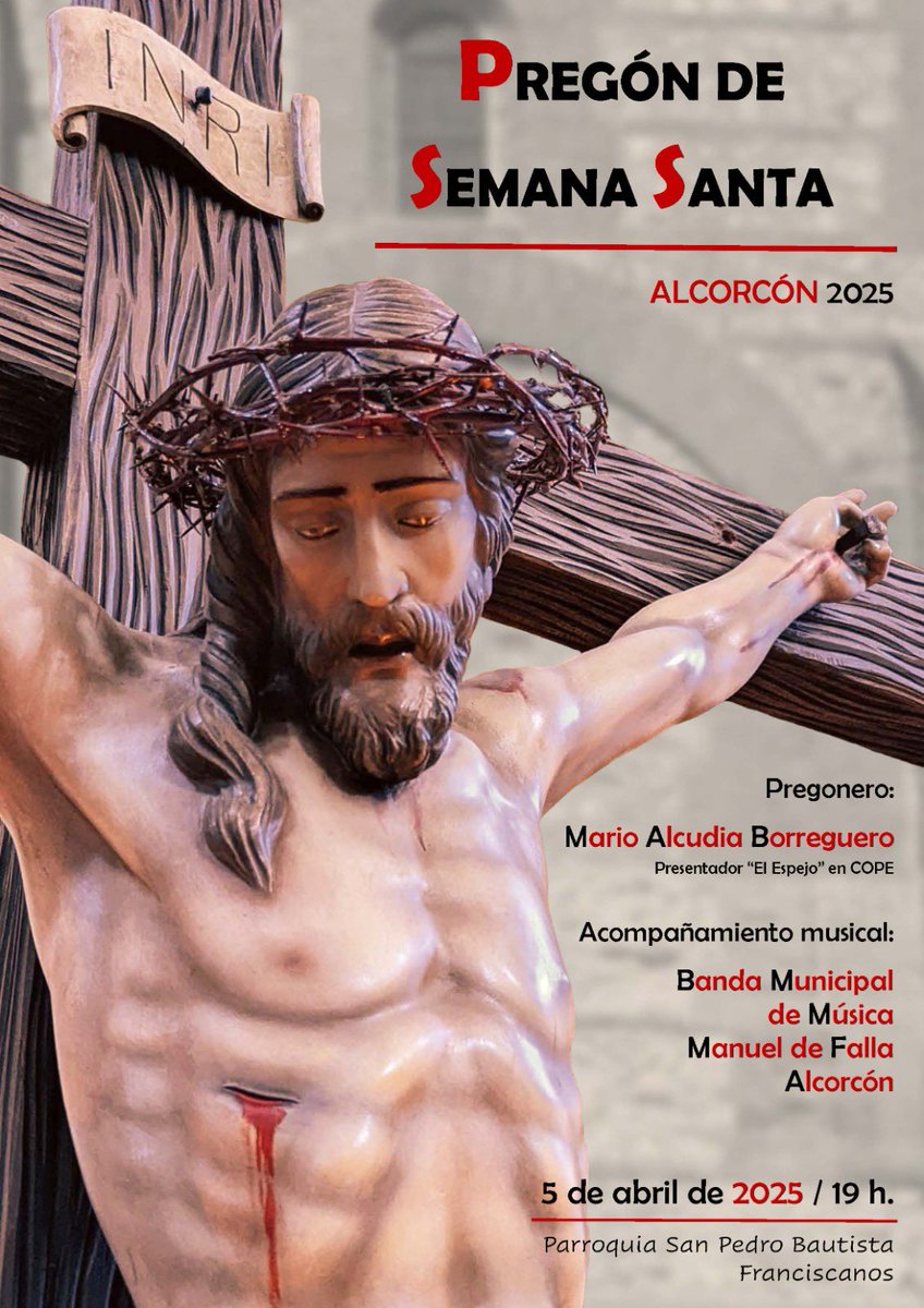 El sábado 5 de abril tendré el honor de pronunciar el Pregón de Semana Santa de Alcorcón, con la presentación de <a href="/FernandezArias/">Paloma Fernández Arias</a>. Una gran responsabilidad alentar a vivir con profundidad la Pasión, Muerte y Resurrección de Cristo <a href="/DiocesisGetafe/">Diócesis de Getafe</a> <a href="/ofmfranciscanos/">ofmfranciscanos</a>