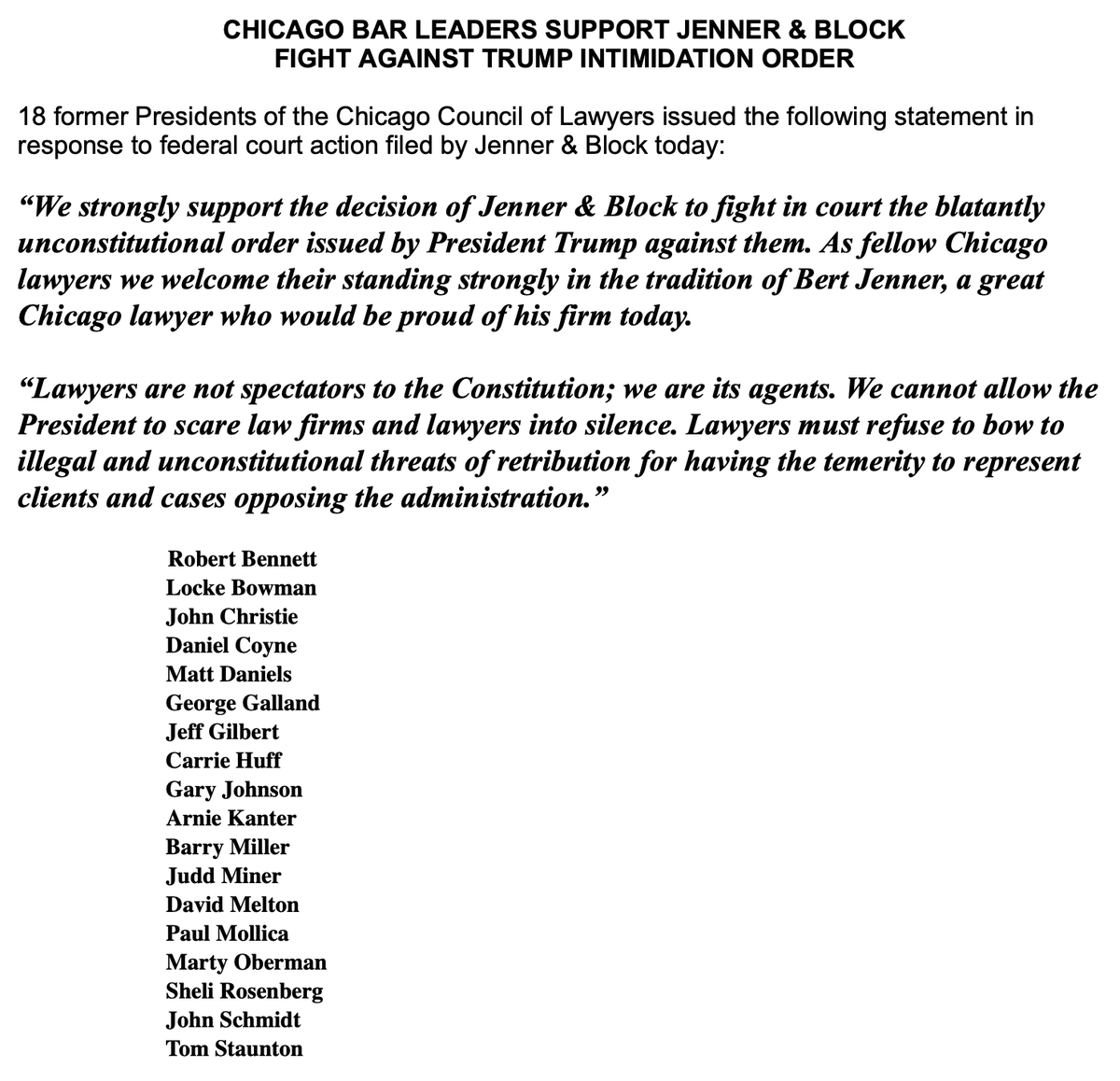 Jon Seidel (@seidelcontent) on Twitter photo NEW: 18 ex-presidents of the Chicago Council of Lawyers say they stand by Jenner & Block as it fights an order issued this week by President Trump.
"Lawyers are not spectators to the Constitution; we are its agents."
Background via <a href="/KadeHeather/">Kade Heather</a>: chicago.suntimes.com/politics/2025/… NEW: 18 ex-presidents of the Chicago Council of Lawyers say they stand by Jenner & Block as it fights an order issued this week by President Trump.
"Lawyers are not spectators to the Constitution; we are its agents."
Background via <a href="/KadeHeather/">Kade Heather</a>: chicago.suntimes.com/politics/2025/…