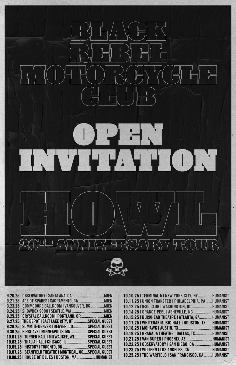 Howl 20th Anniversary tour is now on sale. We’re playing the majority Howl mostly starting to finish, along with some other hits over the years for good measure. We’re happy to have <a href="/MMMIIIEEENNN/">MIEN</a> and <a href="/humanist_uk/">H U M A N I S T</a> join us, with more special guests TBA

🎟️blackrebelmotorcycleclub.com/tour/