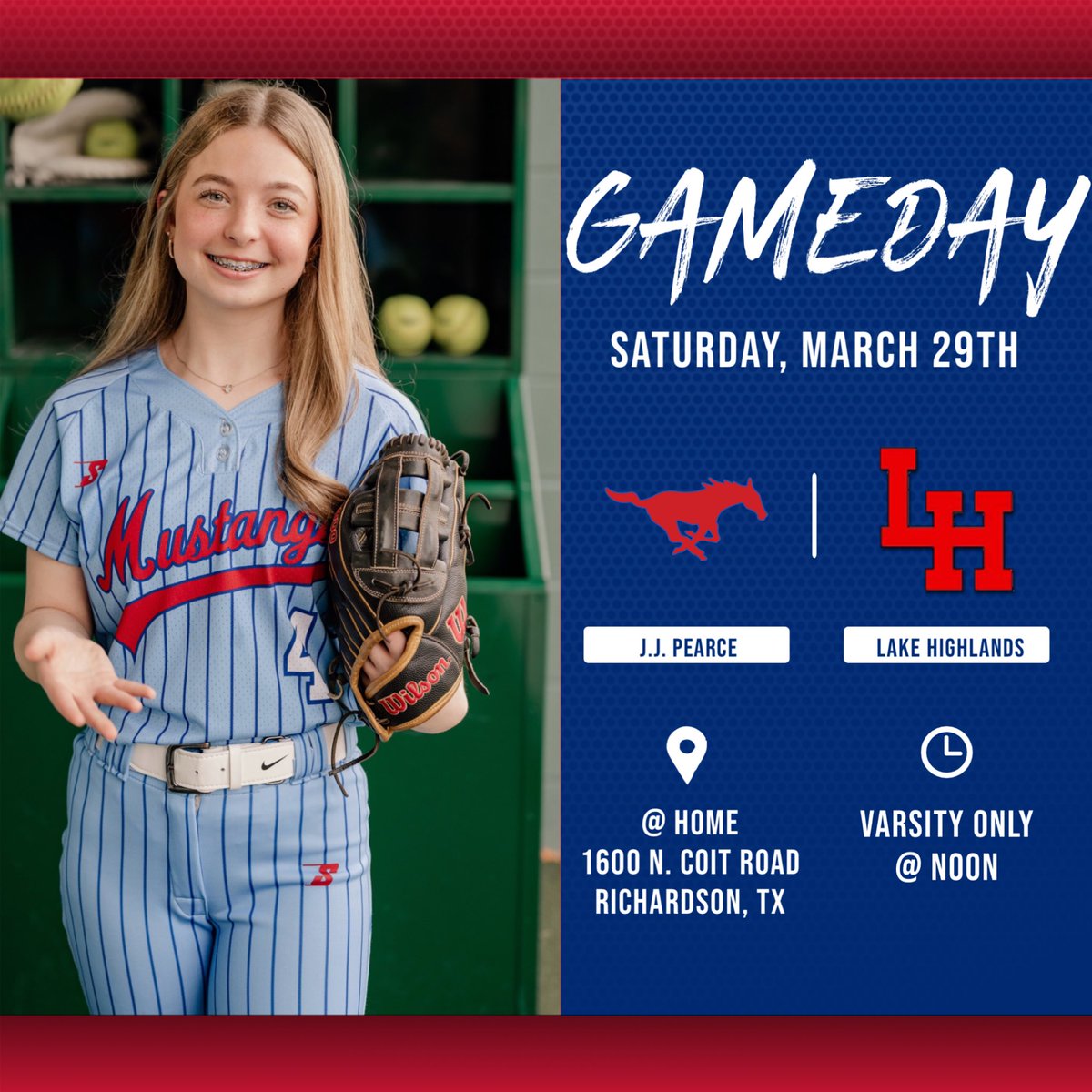 Come out to the softball field TOMORROW and cheer on our Lady Mustangs as they DOMINATE the Lady Wildcats!! 🥎🔥

Saturday, March 29th
PEARCE 🆚 LAKE HIGHLANDS 

⏰ VARSITY only @ NOON

📍HOME

🍿 Concessions will be open!