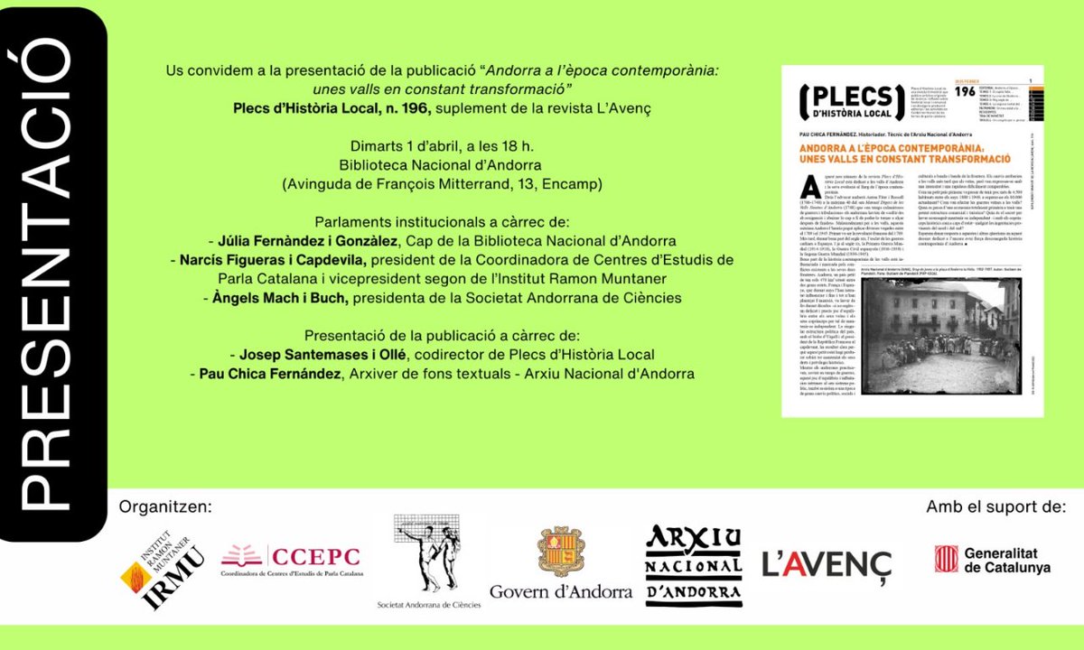 A punt per a presentar la revista Plecs d'Història Local sobre Andorra a la Biblioteca Nacional <a href="/saciencies/">SAC</a> <a href="/AgendaAD/">AgendaAD</a> <a href="/GovernAndorra/">Govern d'Andorra</a> <a href="/BiblioAndorra/">Biblioteca Nacional d'Andorra</a> <a href="/iramunt/">Institut Ramon Muntaner</a>