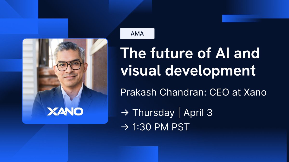 Xano (@nocodebackend) on Twitter photo R1.65 introduced new AI-powered features like the SQL Assistant & Database Assistant—and we’re just getting started.
Join our AMA with Xano CEO, <a href="/prakawesome/">Prakash Chandran</a> to dive into the future of AI and visual development, discuss what’s next, and learn how AI can make your workflow more R1.65 introduced new AI-powered features like the SQL Assistant & Database Assistant—and we’re just getting started.
Join our AMA with Xano CEO, <a href="/prakawesome/">Prakash Chandran</a> to dive into the future of AI and visual development, discuss what’s next, and learn how AI can make your workflow more
