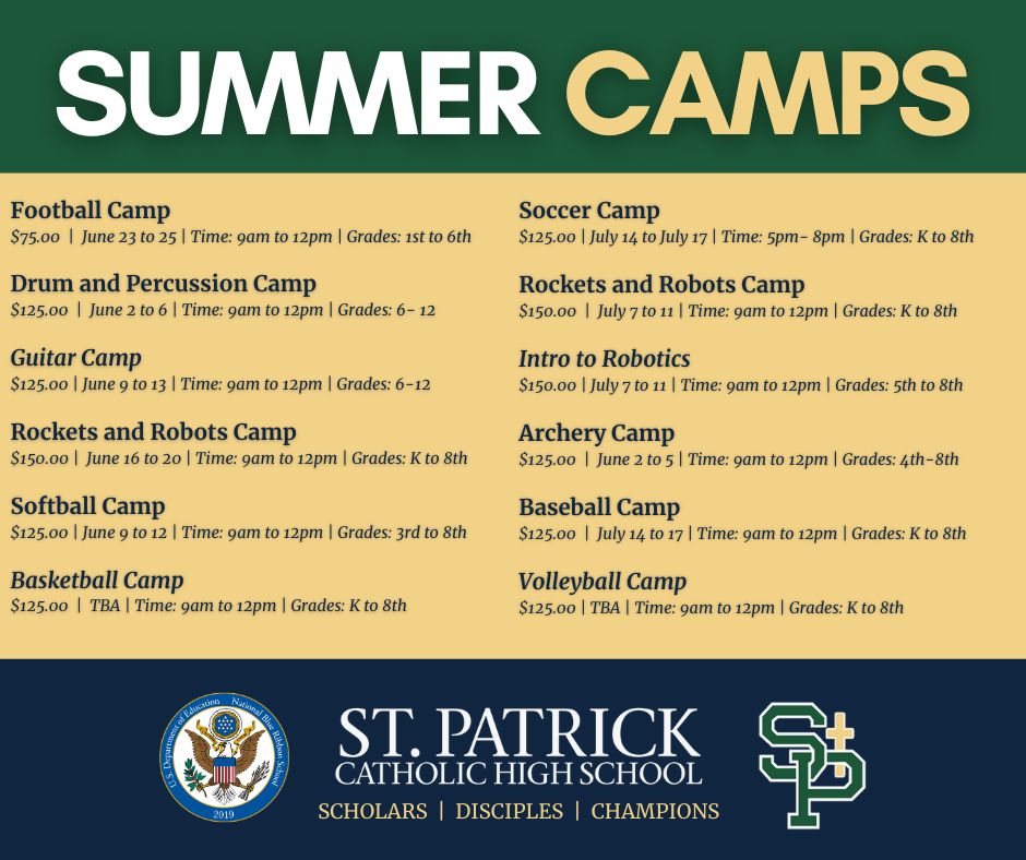 St. Patrick Summer Camps are BACK!

Mark your calendars! We are excited to offer a variety of camps coached by St. Patrick's amazing coaching staff! 

Register your child here: tickettailor.com/events/stpatri…