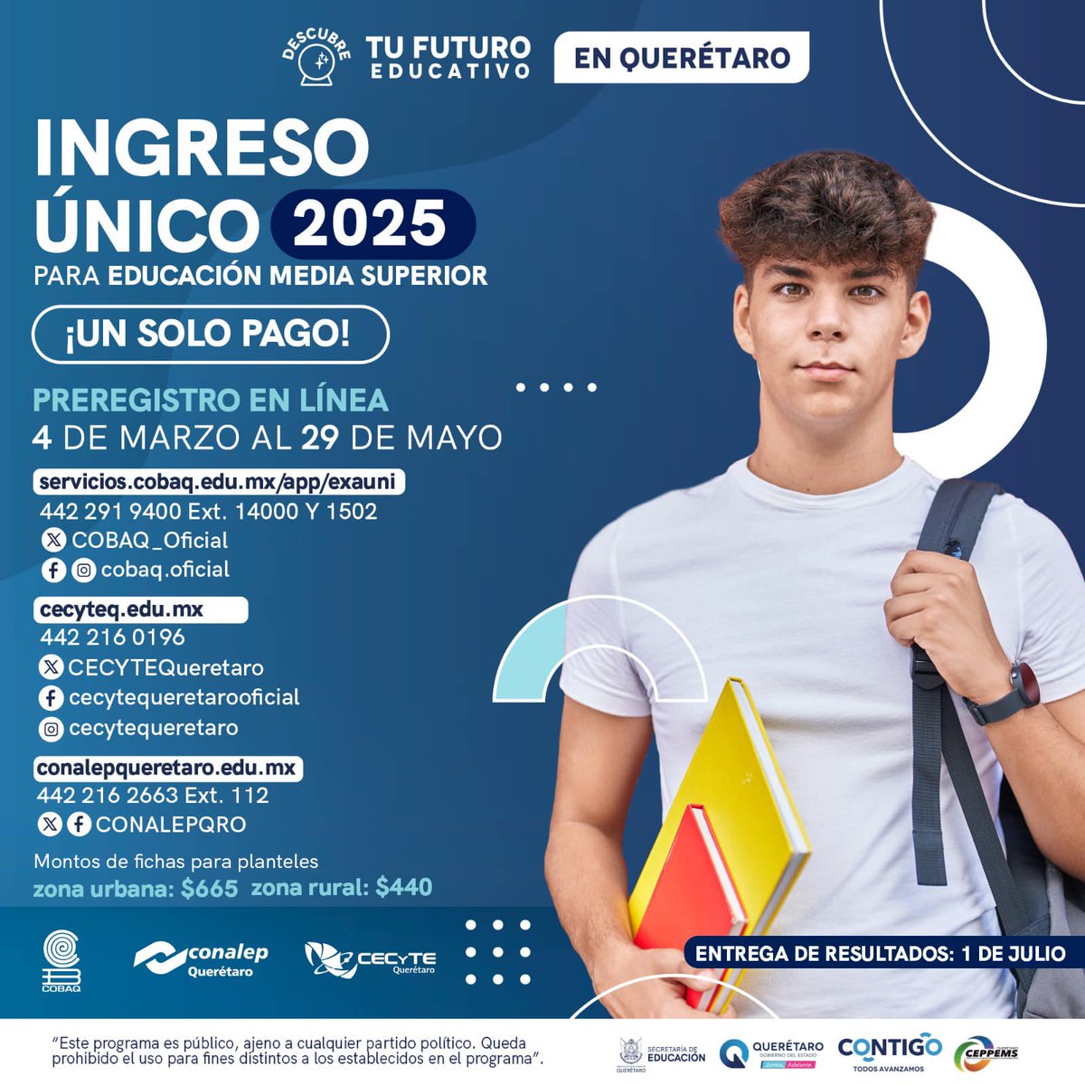 educacionqro's tweet image. ¡Un solo examen, todas las oportunidades! 🎯📚

El Ingreso Único ya está aquí para que accedas a la Educación Media Superior en Querétaro. Con un solo examen, puedes obtener tu lugar en @CONALEPQRO  , @CECYTEQueretaro y @COBAQ_Oficial  .

📅 Fechas importantes:
🔹 Prerregistro: 4…