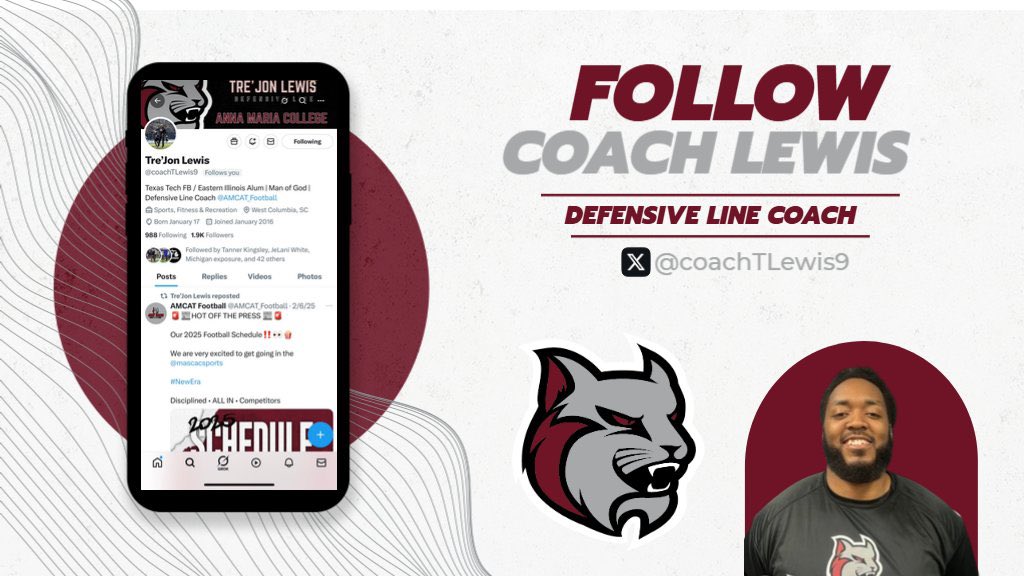 AMCAT Football (@amcat_football) on Twitter photo Defensive Line Coach <a href="/coachTLewis9/">Tre’Jon Lewis</a>‼️
Coach Lewis is entering his first year as our Defensive Line Coach!
#TheNewStandard
#FollowFriday
Disciplined • ALL IN • Competitors Defensive Line Coach <a href="/coachTLewis9/">Tre’Jon Lewis</a>‼️
Coach Lewis is entering his first year as our Defensive Line Coach!
#TheNewStandard
#FollowFriday
Disciplined • ALL IN • Competitors
