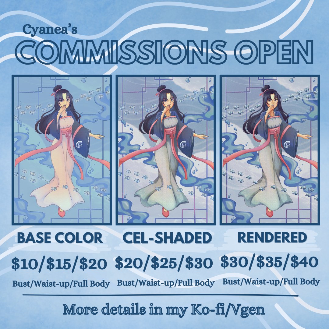 Hello~ I'm opening comms again on Vgen and Ko-fi! :3
Links and info are in my cardd~ 

RTs and Likes are appreciated! 

#artmoots #commissionsopen #digitalart