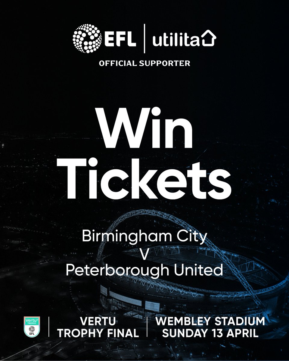 🚨 𝗪𝗜𝗡 Vertu Trophy Final tickets! 🚨

As Official Supporter of the <a href="/EFL/">EFL</a>, we are giving away two pairs of tickets for the Vertu Trophy Final – with one pair up for grabs in the Birmingham City end, and another in the Peterborough United end! 💙 🎩

To enter:
✔️ Follow