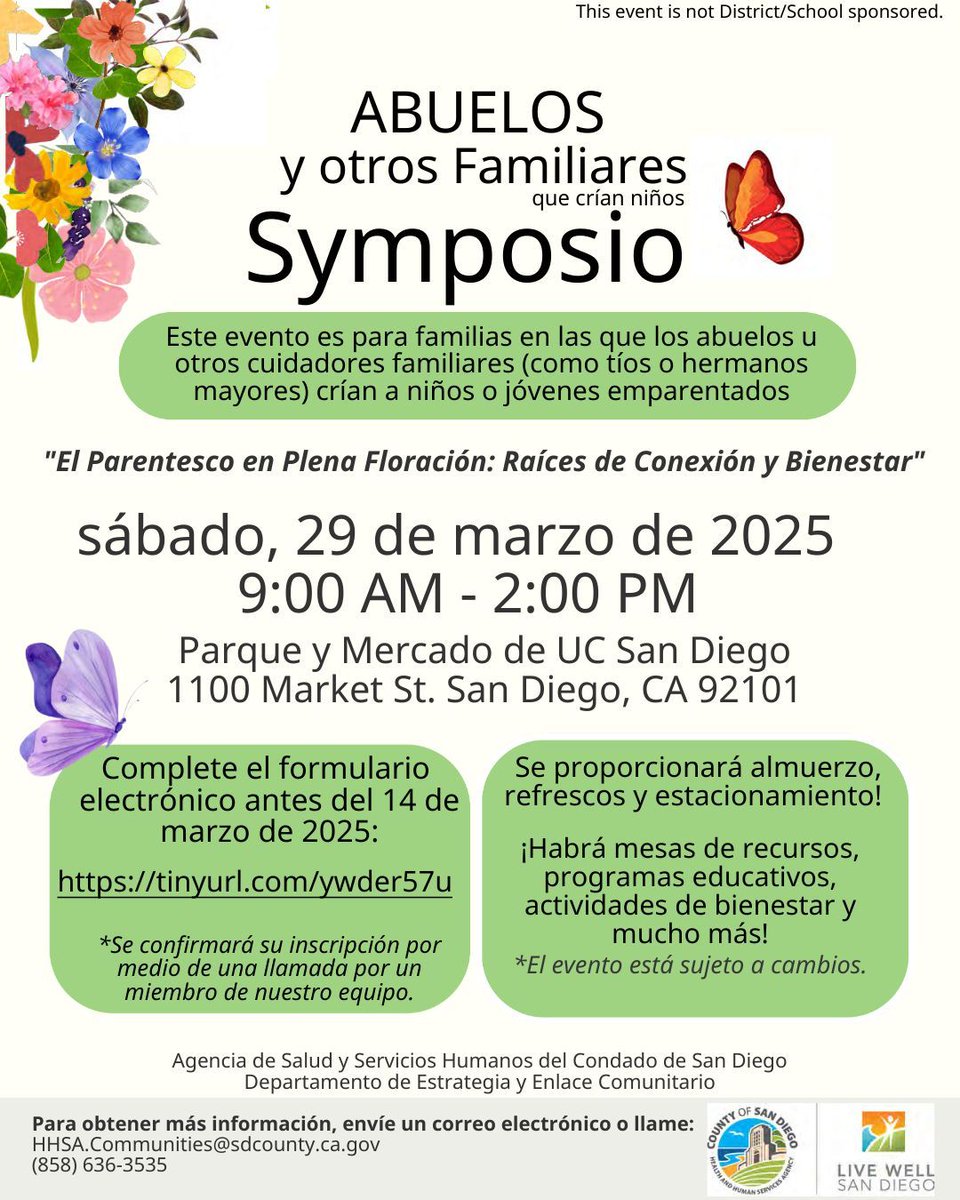 Tomorrow - March 29: 🌸Grandparents Raising Grandchildren Symposium🌸

🗓️ March 29th, 2025 | ⏰ 9:00 AM - 2:00 PM
📍 1100 Market St. San Diego, CA

Lunch, refreshments and parking provided! Please fill out the interest form by March 14th.