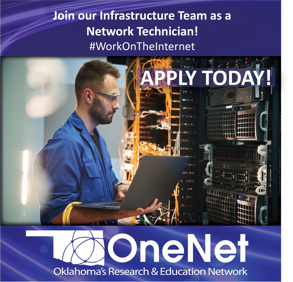 OneNetOK's tweet image. #WorkOnTheInternet - Join the OneNet team as a network technician!  Provide technical support for subscribers across the state. Make a difference in education, health care and government services! Great benefits &amp;amp; tuition reimbursement. Learn more at: onenet.net/onenet-job-opp…