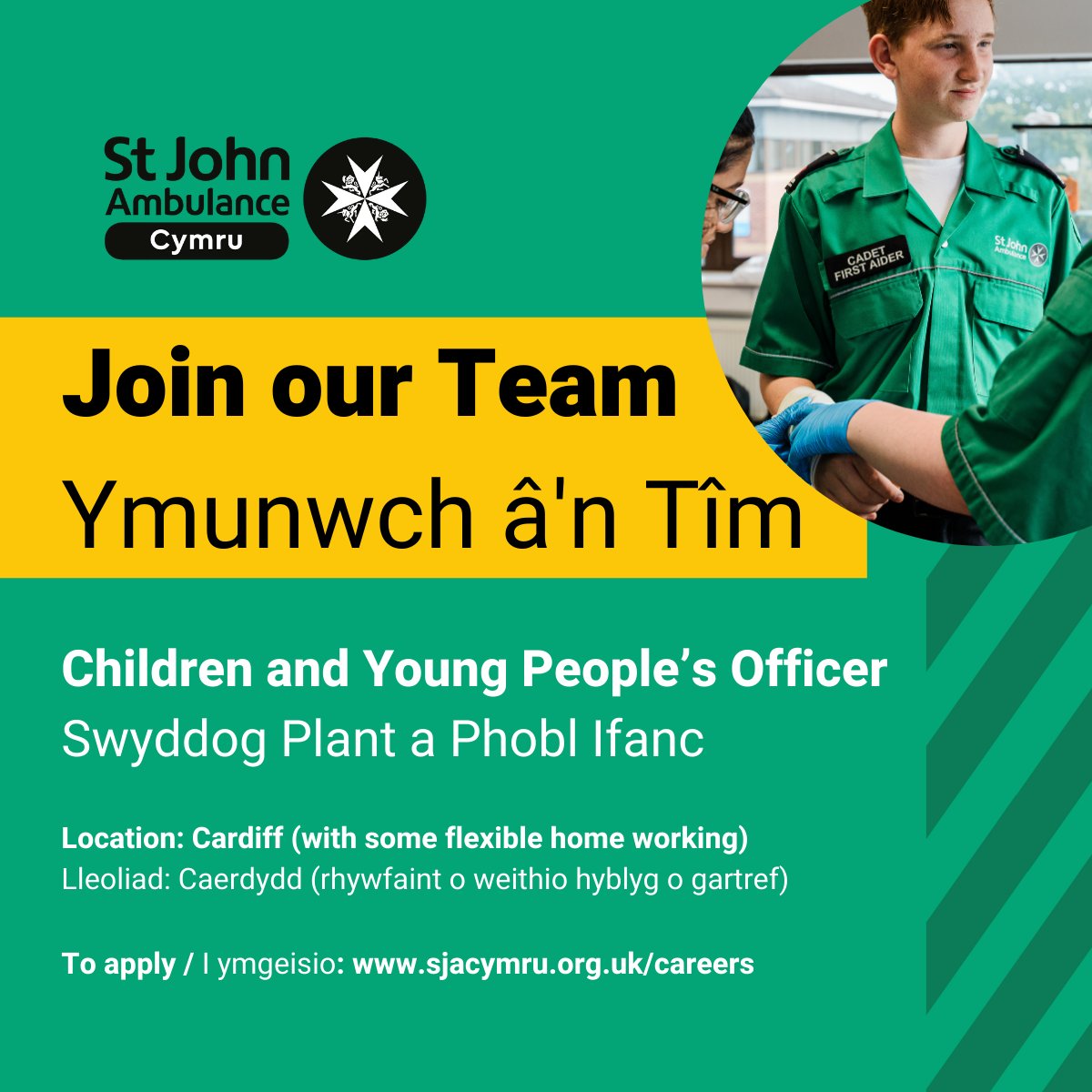 St John Ambulance Cymru (@sjacymru) on Twitter photo LAST CHANCE TO APPLY: We're looking for a Children & Young People's Officer, who will work with our young volunteers.
CYFLE OLAF I YMGEISIO: Rydym yn chwilio am Swyddog Plant a Phobl Ifanc, a fydd yn gweithio gyda'n gwirfoddolwyr ifanc.
More/Mwy: sjacymru.org.uk/en/vacancies/c… LAST CHANCE TO APPLY: We're looking for a Children & Young People's Officer, who will work with our young volunteers.
CYFLE OLAF I YMGEISIO: Rydym yn chwilio am Swyddog Plant a Phobl Ifanc, a fydd yn gweithio gyda'n gwirfoddolwyr ifanc.
More/Mwy: sjacymru.org.uk/en/vacancies/c…