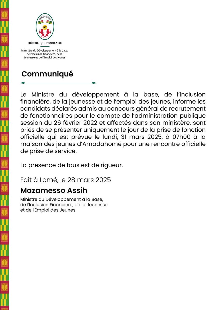 Communiqué à l’attention des candidats déclarés admis au concours général de recrutement de fonctionnaires pour le compte de l’administration publique session du 26 février 2022.