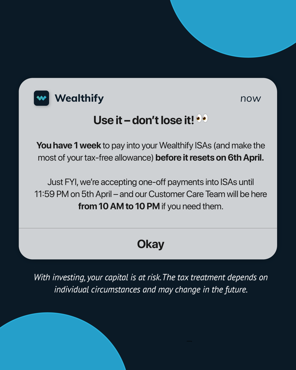 Your ISA Allowance shields your money from tax as it grows — so why not make the most of it? 💰

Your allowance will reset on 6th April, and you won’t be able to carry over what you didn’t use into the next tax year. 

Luckily, if you have a Wealthify ISA, we’re accepting one-off