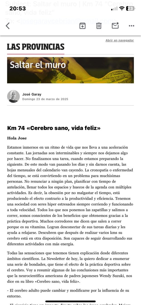 La práctica deportiva tiene efectos muy potentes y directos sobre el cerebro. Beneficios a corto y largo plazo que debes conocer.

Te dejo la última Newsletter de <a href="/lasprovincias/">LAS PROVINCIAS</a> donde explico algunas conclusiones de expertos en Neurociencia.
view.comunicacion.lasprovincias.es/?qs=e6e33de7b0…