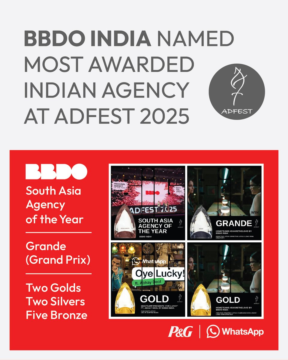 We are thrilled to be recognized as South Asia Agency of the Year — this is big! We’re grateful to the jury for shining a light on our work for P&amp;G Ariel and Meta’s WhatsApp. #DoBigThings