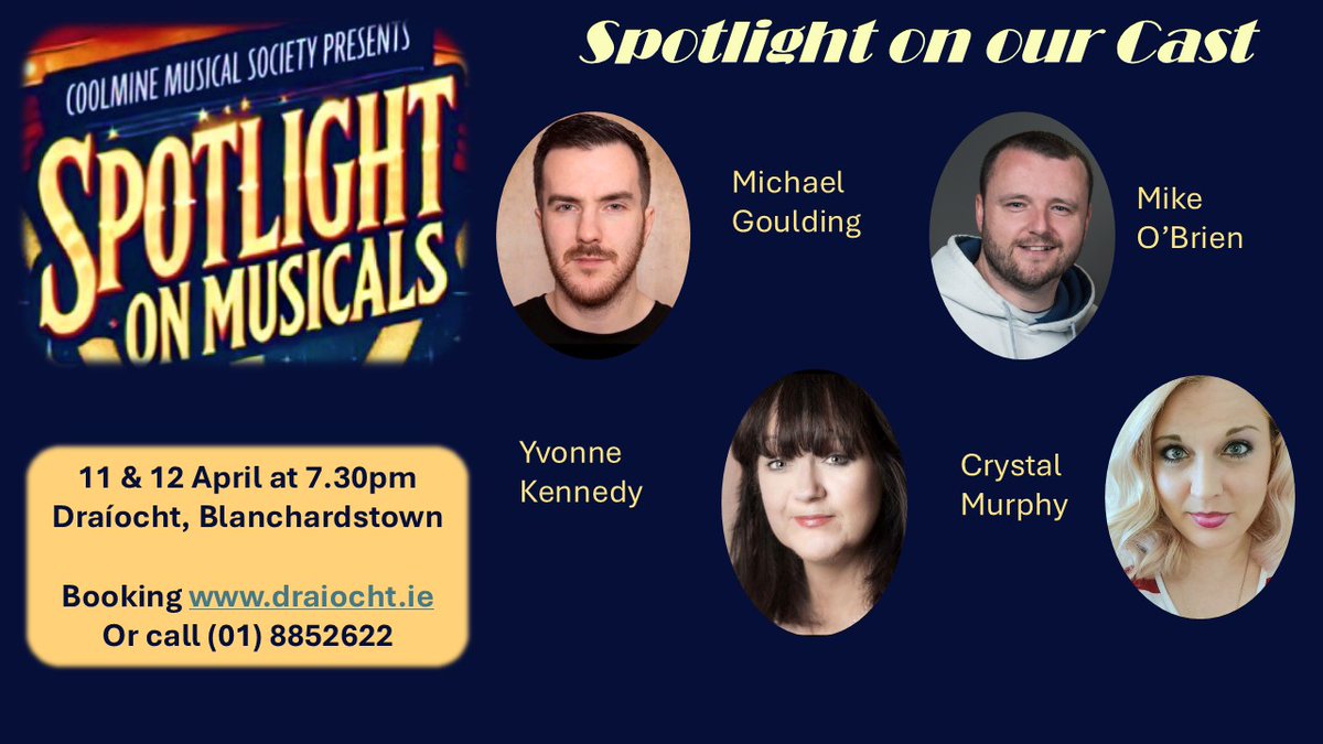 Coolmine Musical-Soc (@coolminems) on Twitter photo The Spotlight today shines on Michael, Yvonne, Mike and Crystal. Come along to <a href="/Draiocht_Blanch/">Draíocht Blanchardstown</a> on 11th or 12th April to catch these talented members performing songs from Jersey Boys and Chicago!
Get booking! The Spotlight today shines on Michael, Yvonne, Mike and Crystal. Come along to <a href="/Draiocht_Blanch/">Draíocht Blanchardstown</a> on 11th or 12th April to catch these talented members performing songs from Jersey Boys and Chicago!
Get booking!