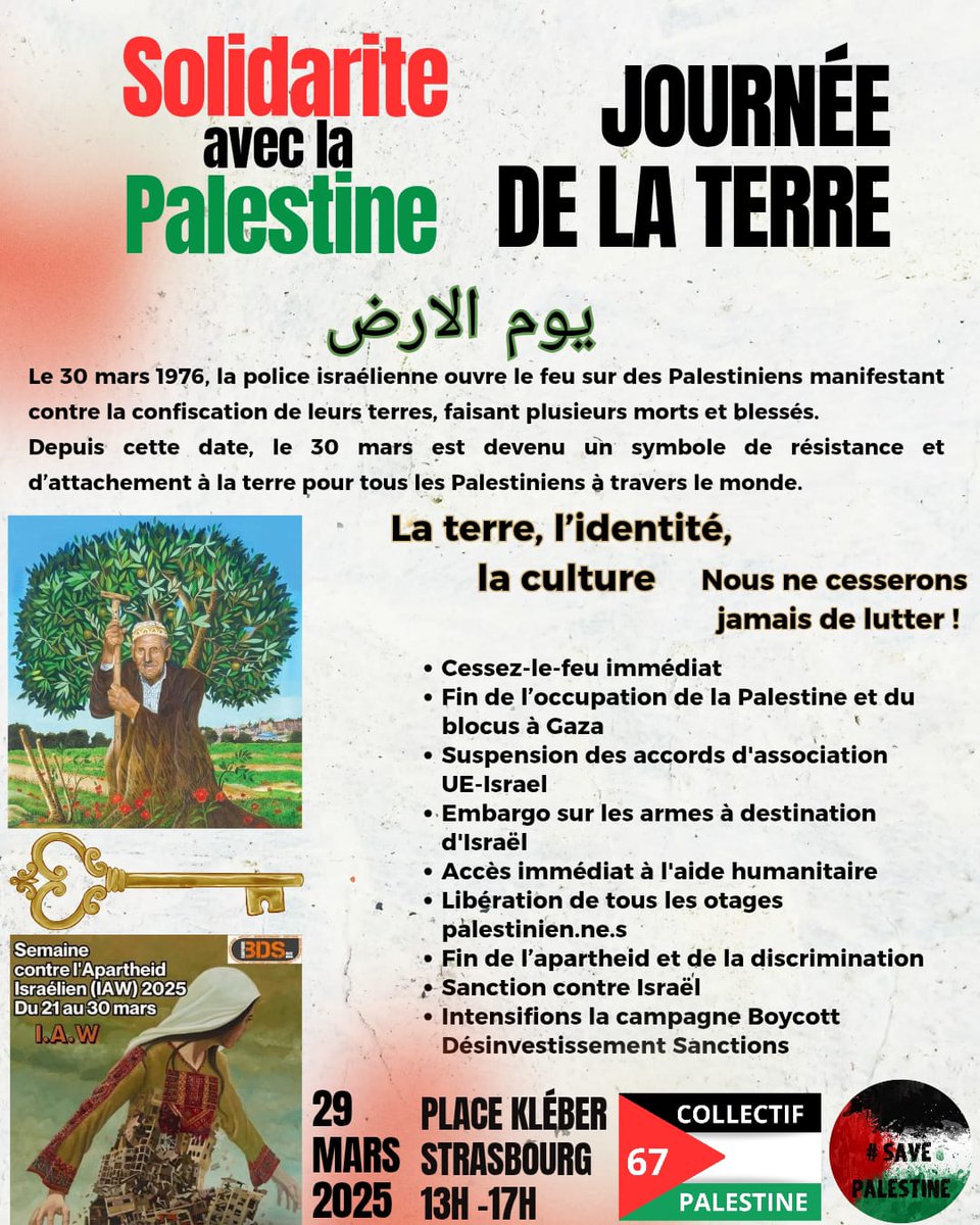 IsraeliApartheidWeek (@apartheidweek) on Twitter photo Tomorrow, Collectif Judéo-Arabe et Citoyen pour la Palestine, <a href="/cjacp67/">Collectif Judéo-Arabe & Citoyen pour la Palestine</a>,
will host a Land Day commemoration event that will include an exhibition on the Nakba as well as information stalls on Israeli apartheid, genocide and BDS.
#IsraeliApartheidWeek
#IAW2025 Tomorrow, Collectif Judéo-Arabe et Citoyen pour la Palestine, <a href="/cjacp67/">Collectif Judéo-Arabe & Citoyen pour la Palestine</a>,
will host a Land Day commemoration event that will include an exhibition on the Nakba as well as information stalls on Israeli apartheid, genocide and BDS.
#IsraeliApartheidWeek
#IAW2025