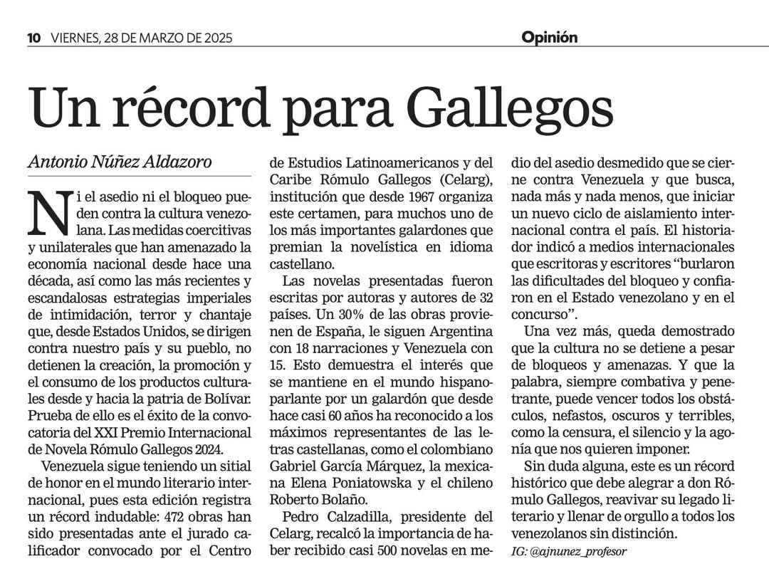 #Hoy #28DeMarzo escribo en <a href="/UNoticias/">Últimas Noticias</a> sobre el récord que representa la cantidad de postulaciones presentadas por autoras y autores de muchos países, encabezados por España, a la XXI Edición del Premio Internacional de Novela Rómulo Gallegos 2024. Y eso es de celebrar...