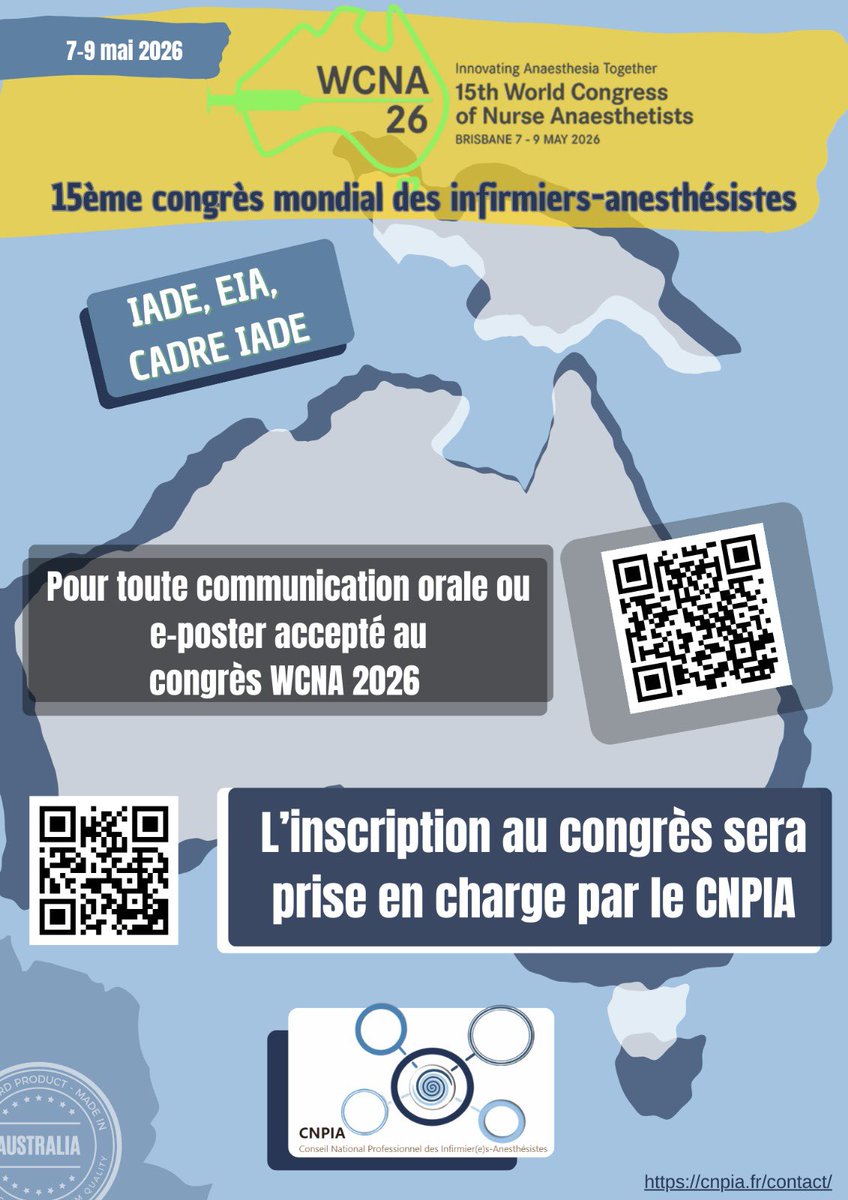 Du 7 au 9 Mai 2026 se tiendra le 15ème congrès international des infirmier(e)s-anesthésistes  #IFNA à Brisbane en Australie. 
L’inscription au congrès sera prise en charge par le <a href="/CNP_IA/">CNPIA</a> pour les #IADE, #EIA et Cadres IA dont la communication orale ou le poster sera retenu.
