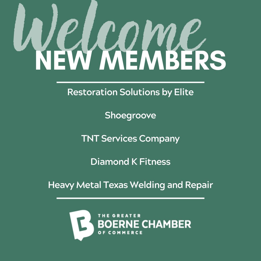 We are so excited to introduce another group of new members today! 🥳 

Welcome to the Chamber!
🌟- Restoration Solutions by Elite LLC
🌟- Shoegroove
🌟- TNT Services Company
🌟- Diamond K Fitness 
🌟- Heavy Metal Texas Welding and Repair

We’re so glad you are all here!🎉