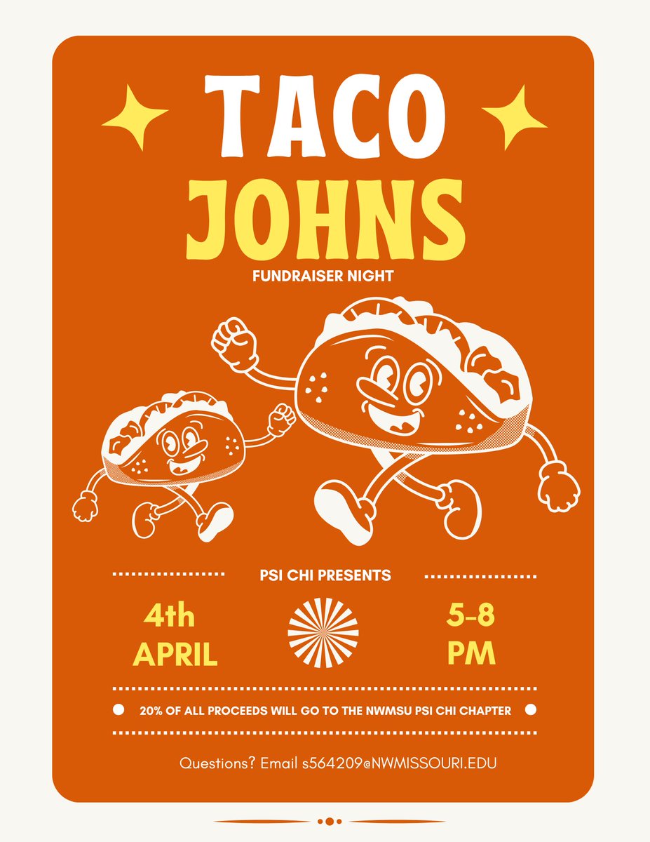 nw_psichi's tweet photo. Join us next Friday at Taco Johns to raise money for Psi Chi! 20% of all proceeds will go to our chapter! Hope to see you there!!🌮 https://t.co/vOs3Ax4Hxl