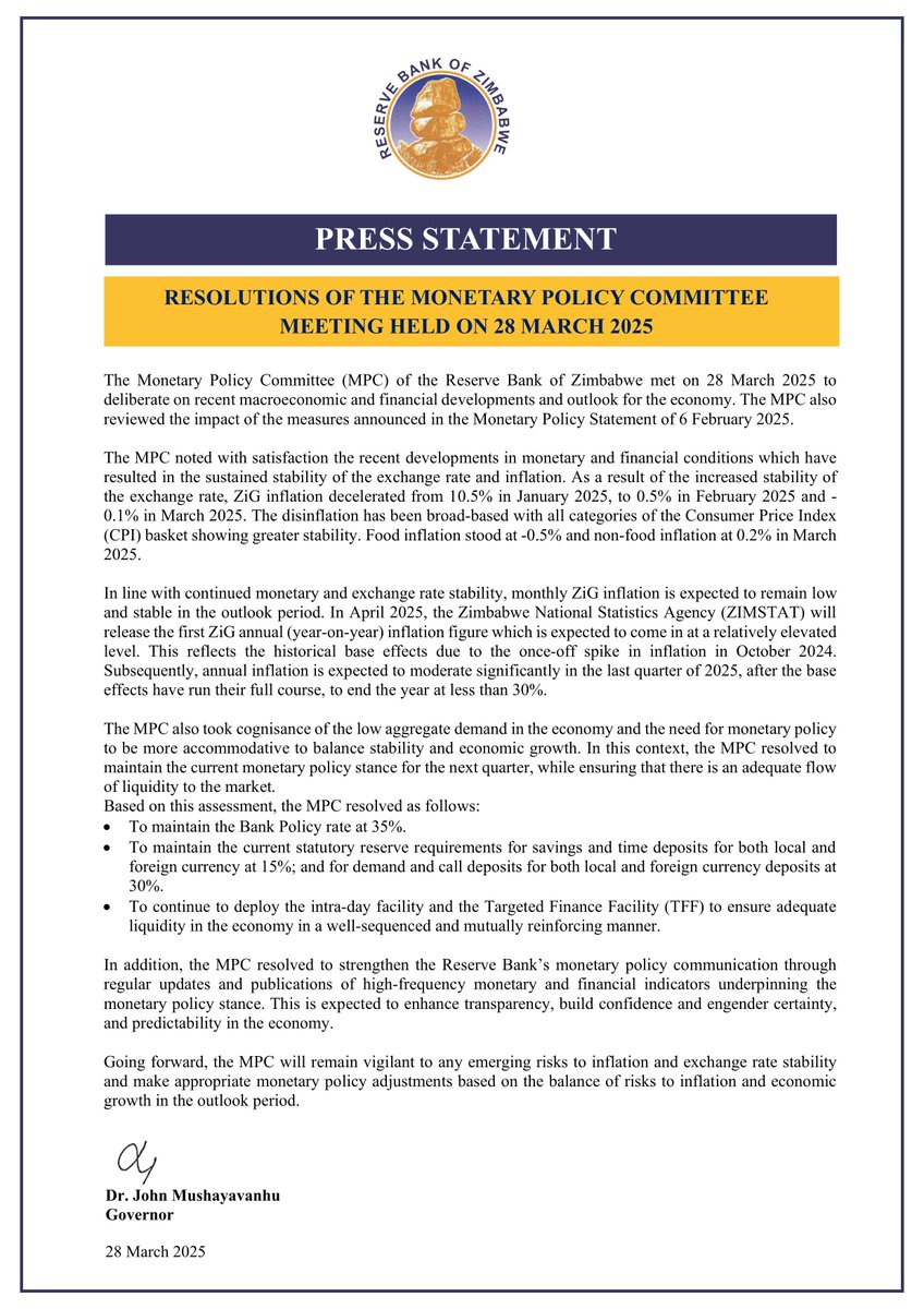 Reserve Bank of Zimbabwe (@reservebankzim) on Twitter photo Press Statement - Resolutions of the Monetary Policy Committee Meeting Held on 28 March 2025
<a href="/HeraldZimbabwe/">The Herald Zimbabwe</a> <a href="/ZBCNewsonline/">ZBC News Online</a> <a href="/Zimindependent/">Zimbabwe Independent</a> <a href="/FingazLive/">The Financial Gazette</a> <a href="/DailyNewsZim/">DailyNewsZim</a>
<a href="/ZTNPrime/">ZTN</a> <a href="/SundayMailZim/">The Sunday Mail (Zimbabwe)</a> <a href="/melodymbira/">Melody Harry</a> <a href="/FinxZim/">Financial Express</a> Press Statement - Resolutions of the Monetary Policy Committee Meeting Held on 28 March 2025
<a href="/HeraldZimbabwe/">The Herald Zimbabwe</a> <a href="/ZBCNewsonline/">ZBC News Online</a> <a href="/Zimindependent/">Zimbabwe Independent</a> <a href="/FingazLive/">The Financial Gazette</a> <a href="/DailyNewsZim/">DailyNewsZim</a>
<a href="/ZTNPrime/">ZTN</a> <a href="/SundayMailZim/">The Sunday Mail (Zimbabwe)</a> <a href="/melodymbira/">Melody Harry</a> <a href="/FinxZim/">Financial Express</a>