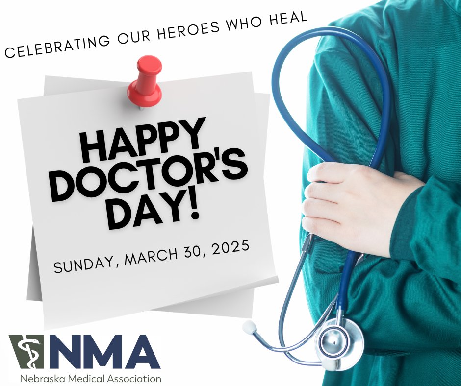 Sunday is Doctor’s Day! 💙 Thank a physician with simple gestures:
💌 Write a thank-you note
💐 Drop off flowers/gift
⭐ Leave a positive review
The NMA is grateful for our member physicians who make Nebraskans' health their top priority.  
For the NMA, EVERY day is #DoctorsDay!