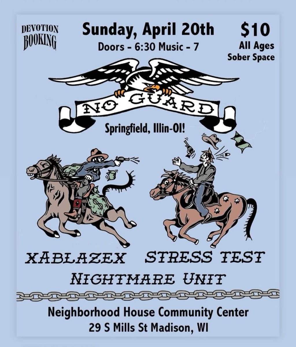devotionbooking's tweet photo. Springfield Oi is coming to Madison…

Our friends from No Guard are headlining this show with support from xAblazex, Stress Test and new(er) fastcore band from Milwaukee, Nightmare Unit!

$10 at the door, no drugs, no drinking, you know the drill https://t.co/Jw71SNeBKG