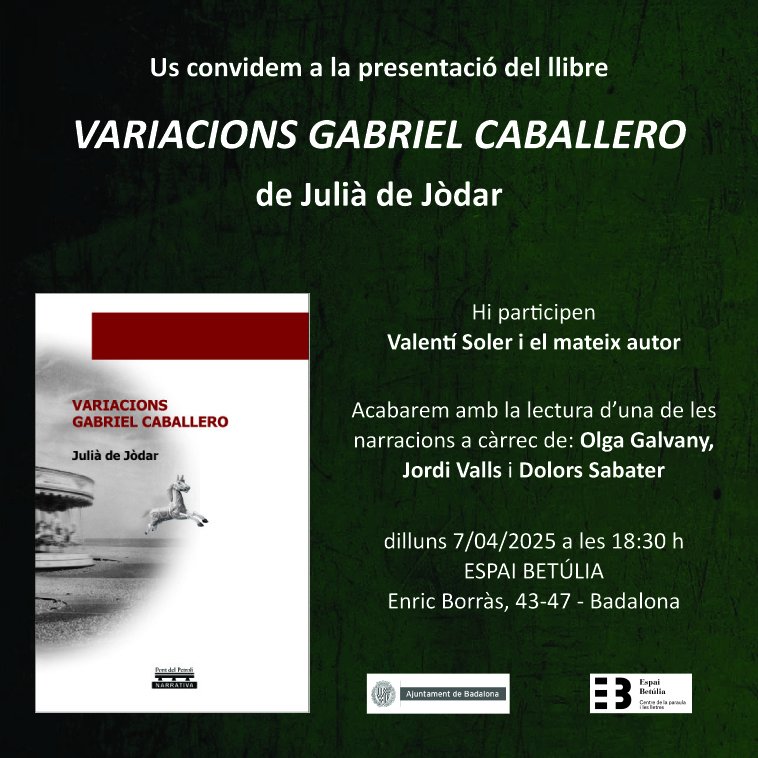 petroliedicions's tweet photo. Dilluns 7 d'abril teniu una cita ineludible a l'Espai Betúlia amb @julidejdarmuoz i Gabriel Caballero. Ens acompanyaran @tinetsoler, Olga Galvany, @vallspjr i @mariadolorsa. Us hi esperem. #pontdelpetroliedicions25anys https://t.co/pwPdioT9na