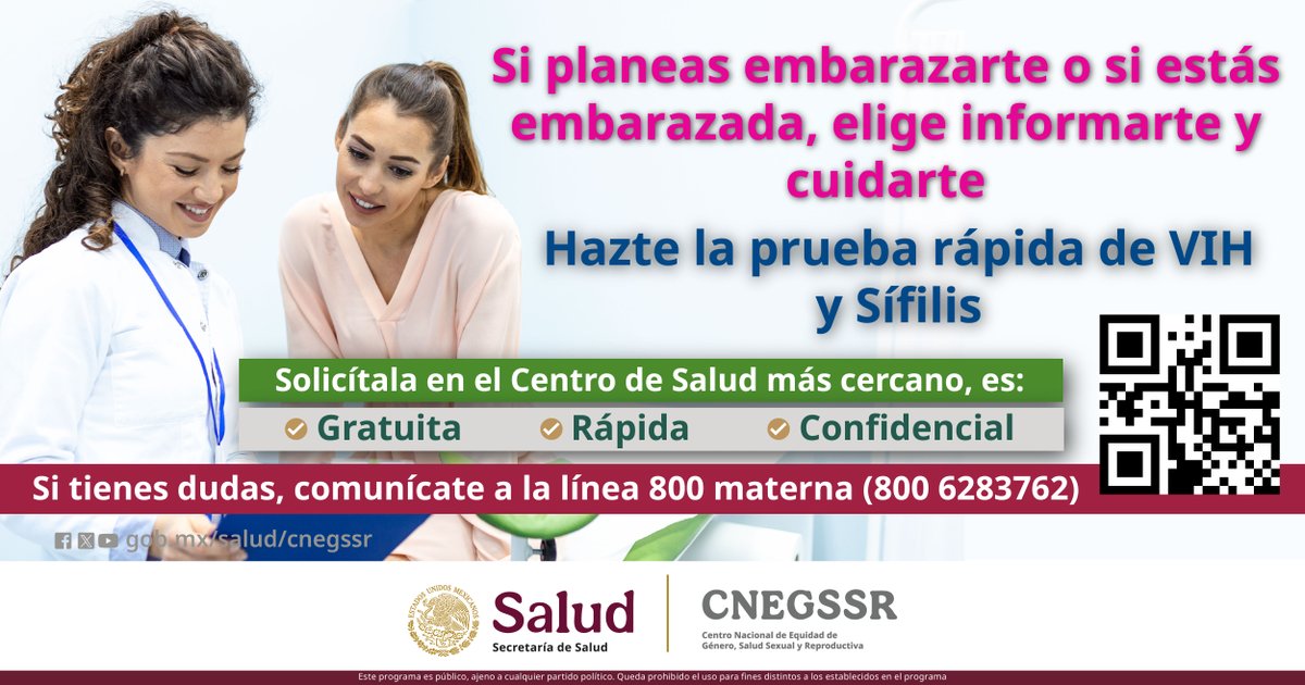 CNEGSSR's tweet photo. La enfermedad causada por el VIH se transmite más fácilmente en los primeros meses posteriores a la infección. 
Es muy importante que si estás embarazada o planeas hacerlo, te realices la prueba rápida de VIH y de Sífilis. https://t.co/02ZPFQwqD6